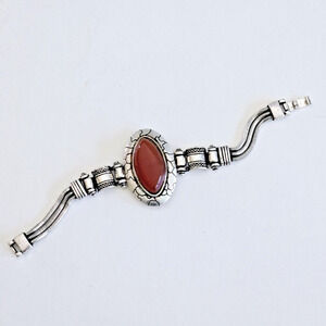 Statement Bracelet Chunky Brown Stone Silvertone Aztec Southwest Boho Hippie NEW